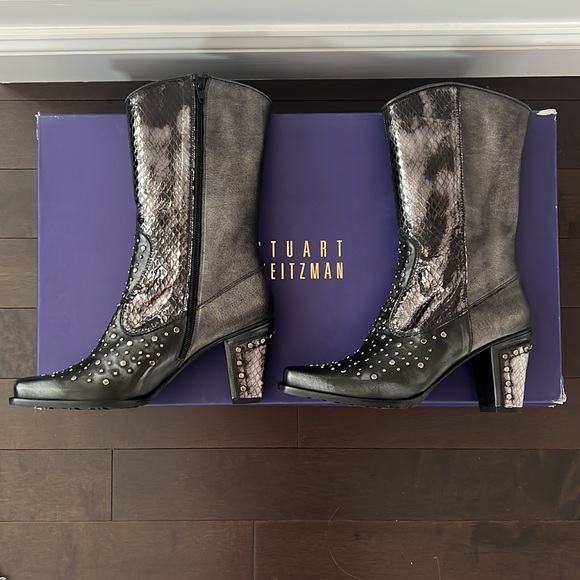 NIB Stuart Weitzman “Hillbilly” pewter metallic croc Leather studded Cowboy Boot - Picture 2 of 16